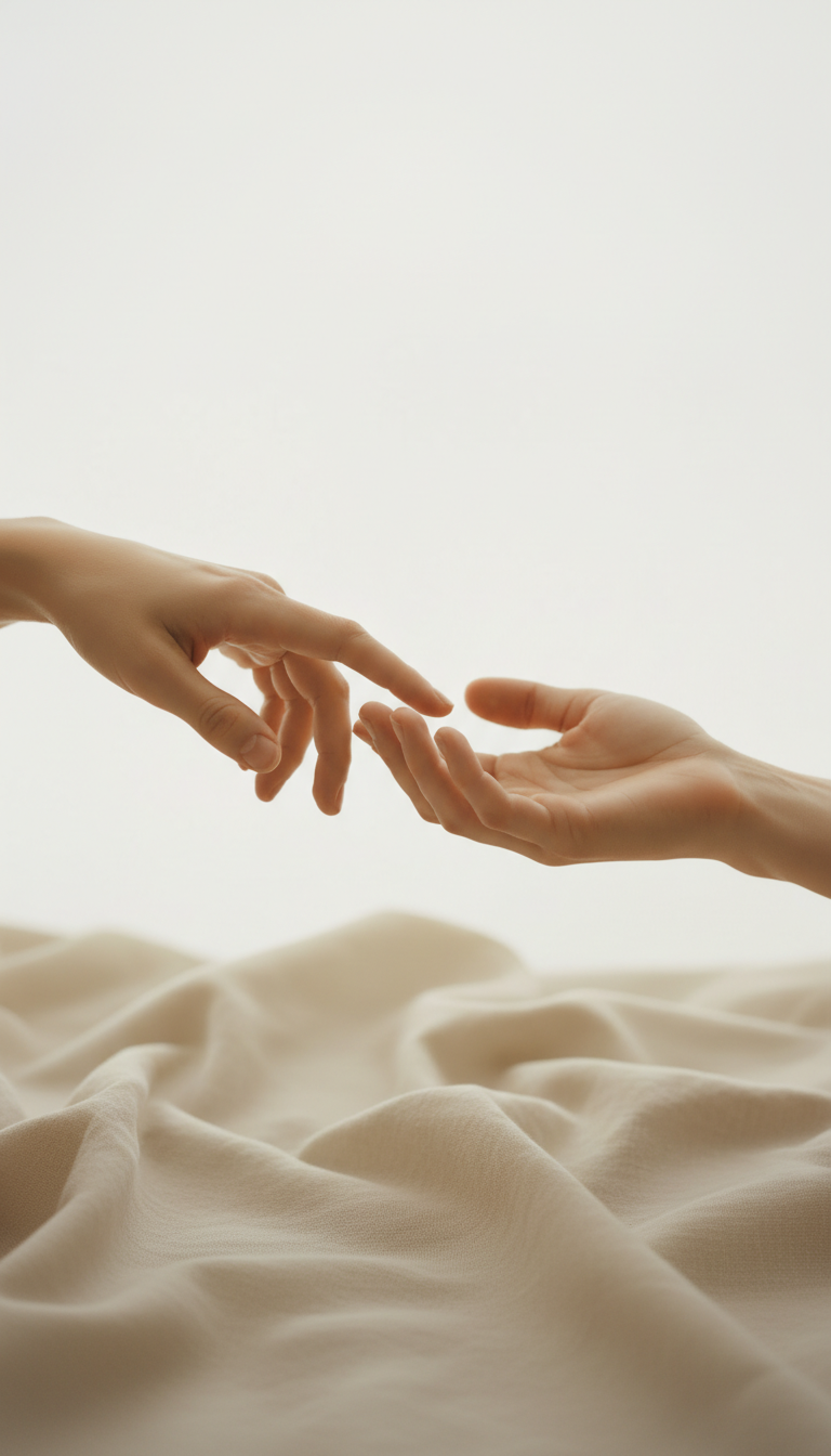 Hands touching gently in light background